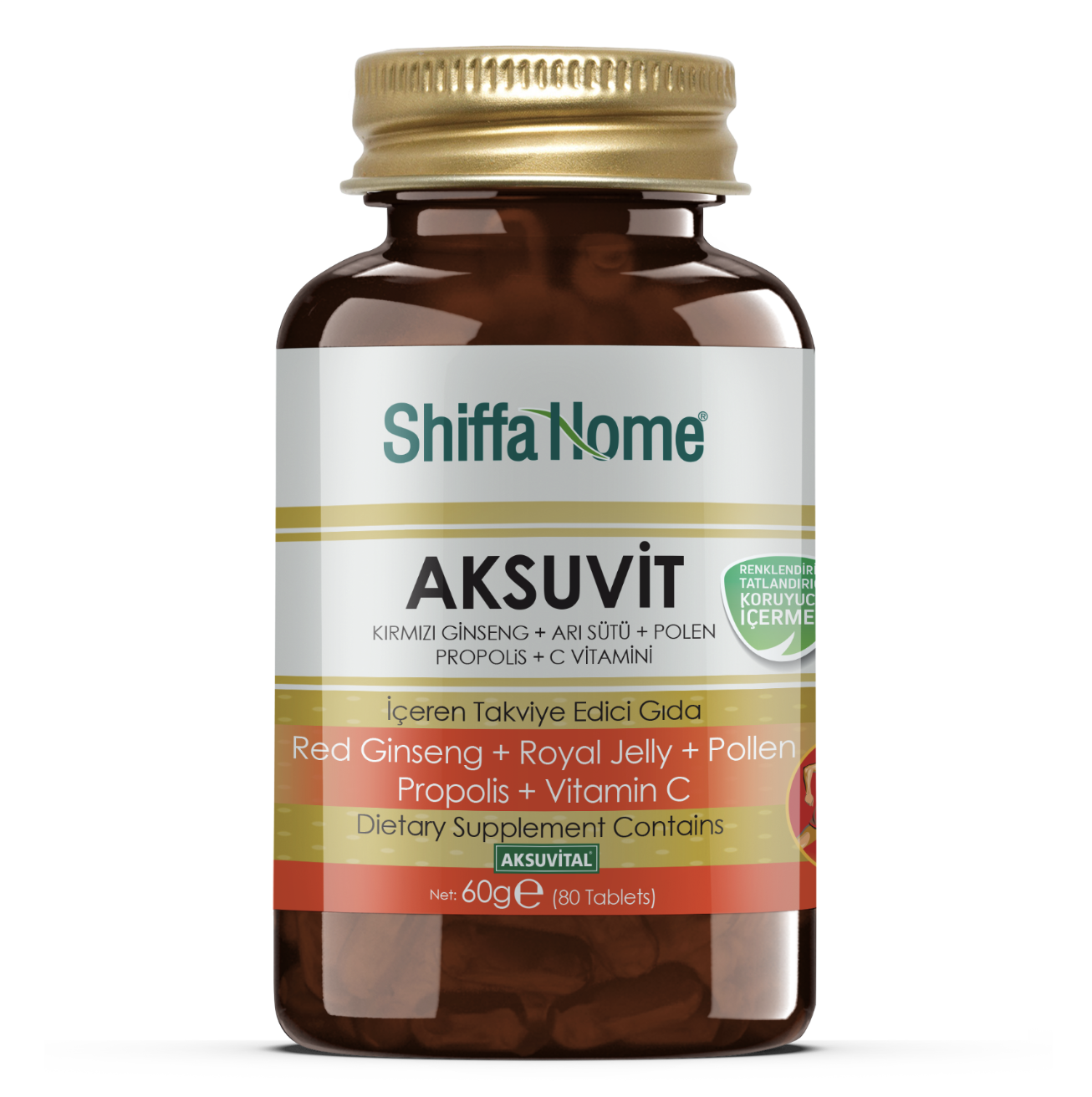 Aksuvit Red Ginseng-Arı Sütü-Polen-Propolis-Vitamin C İçeren Takviye Edici Gıda 80 Kapsül